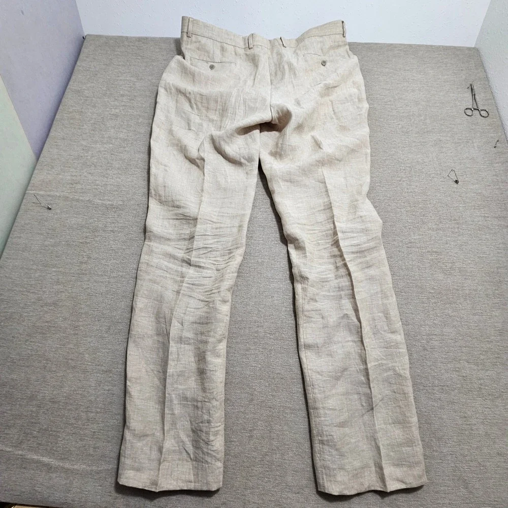 Joseph Abboud Dress Pants Men 40 Beige 100% Linen Flat Front Straight Leg 3750